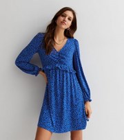 New Look Blue Spotty V Neck Ruched Mini Dress